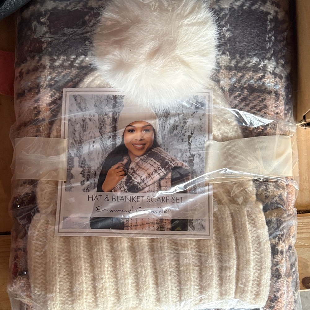 Plaid Hat and Blanket Scarf Set with Pom Pom